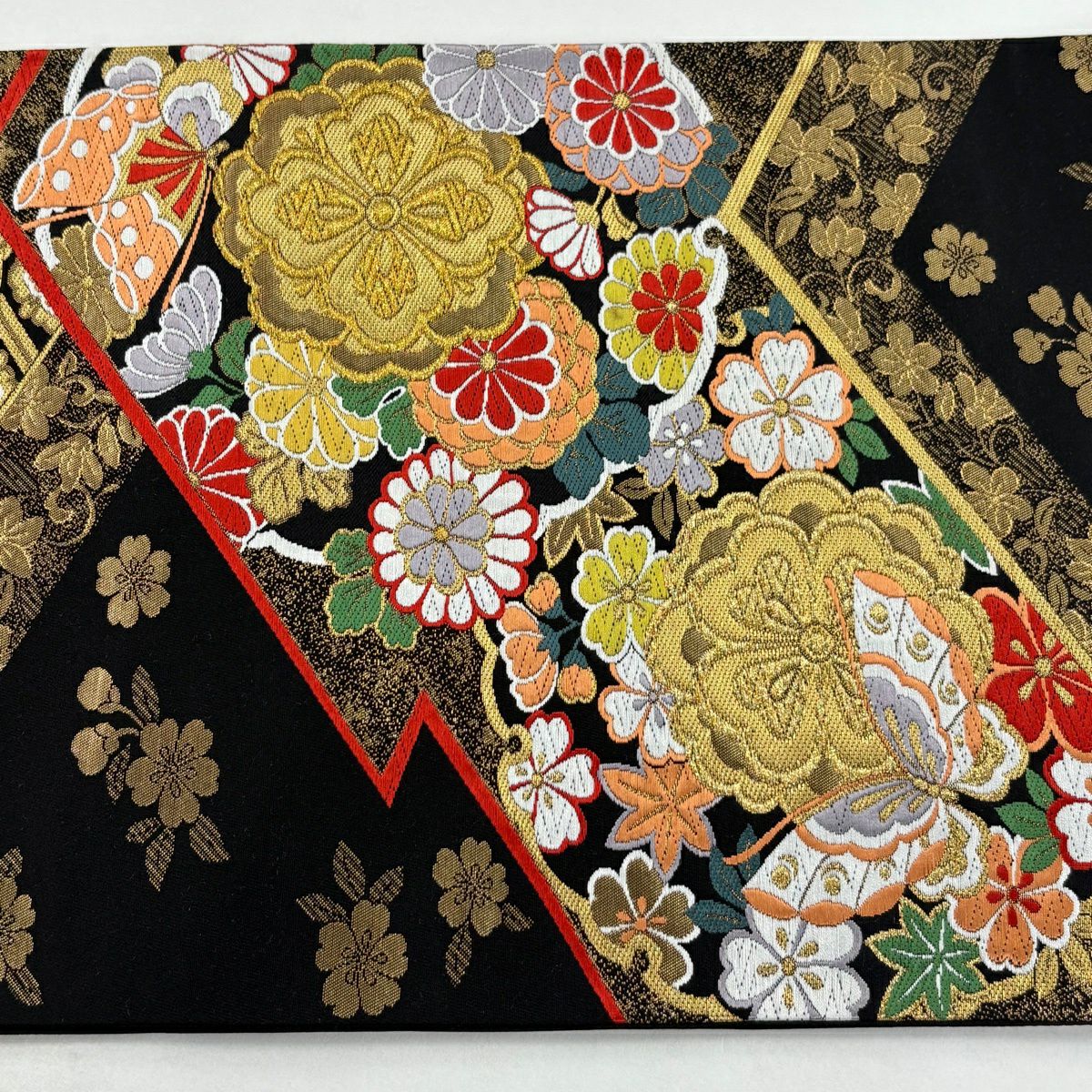 【美品】 袋帶 秀品級 菊花 蝶 金絲 金金箔 黑 六通 純蠶絲