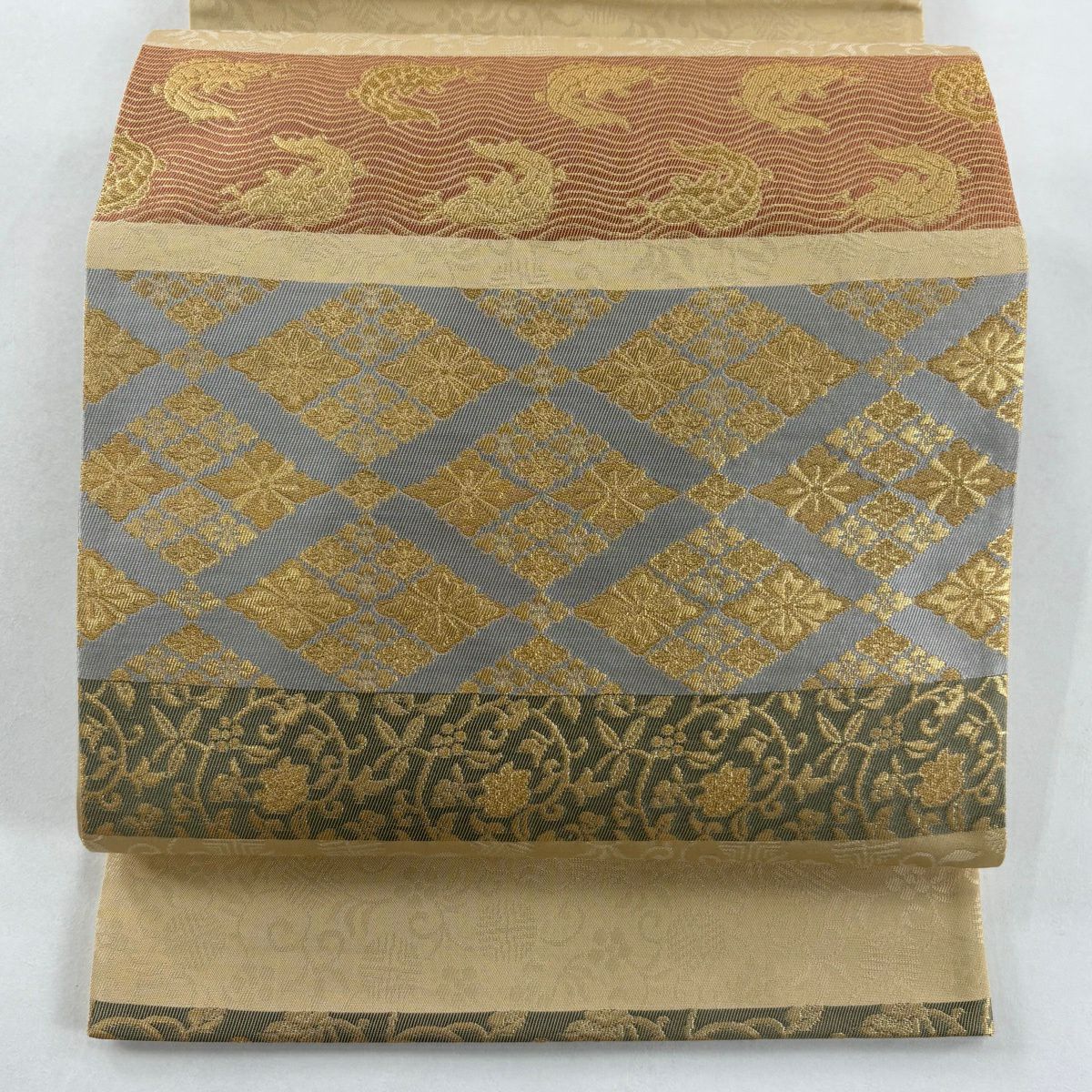 【美品】 袋帶 秀品級 名物裂 荒磯 花菱 金糸 金金箔 米色 全通 純蠶絲