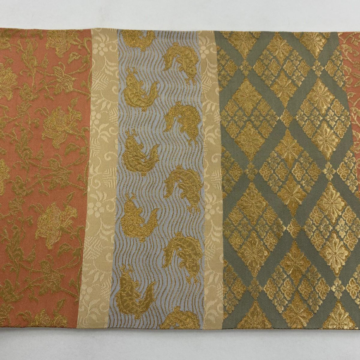 【美品】 袋帶 秀品級 名物裂 荒磯 花菱 金糸 金金箔 米色 全通 純蠶絲