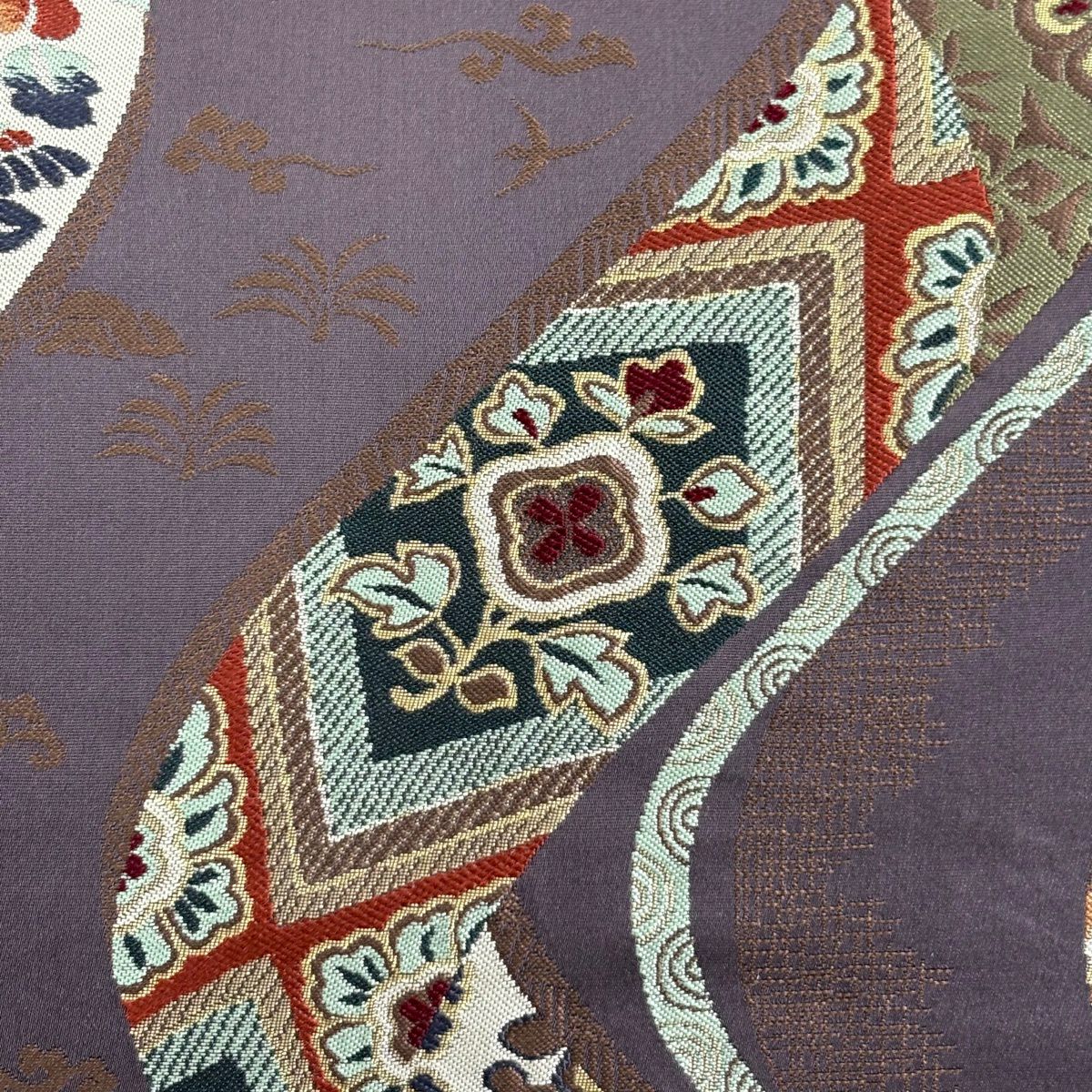 【美品】 袋帶 秀品級 草花紋紋 鳥 金金箔 紫 六通 純蠶絲