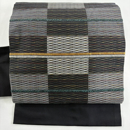 【美品】 名古屋帶 秀品級 落款 縞 幾何圖案 金金箔 黑 純蠶絲