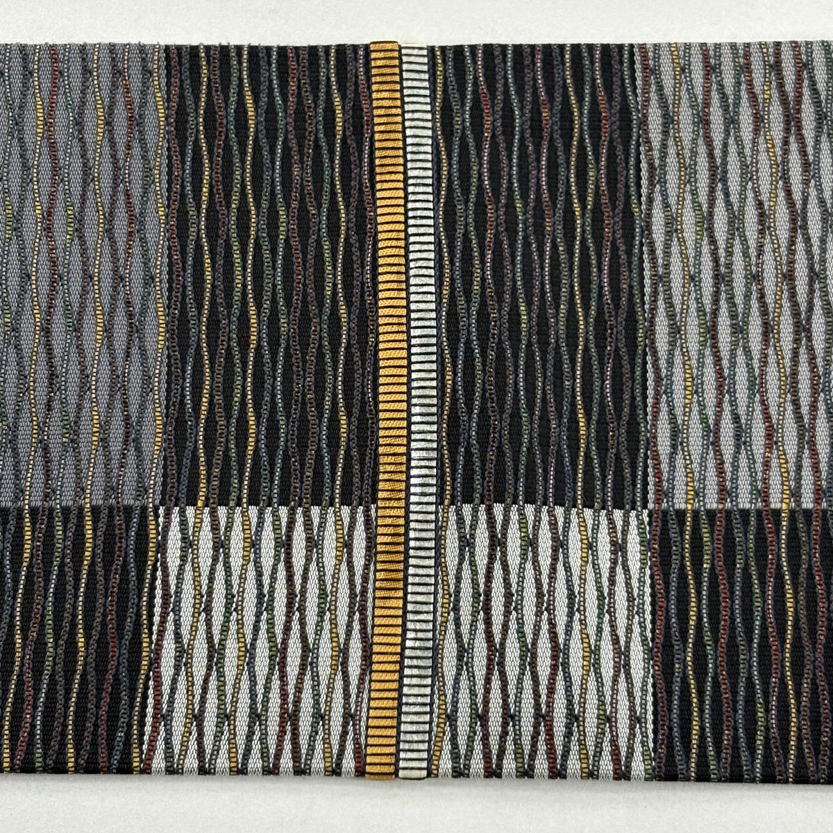 【美品】 名古屋帶 秀品級 落款 縞 幾何圖案 金金箔 黑 純蠶絲