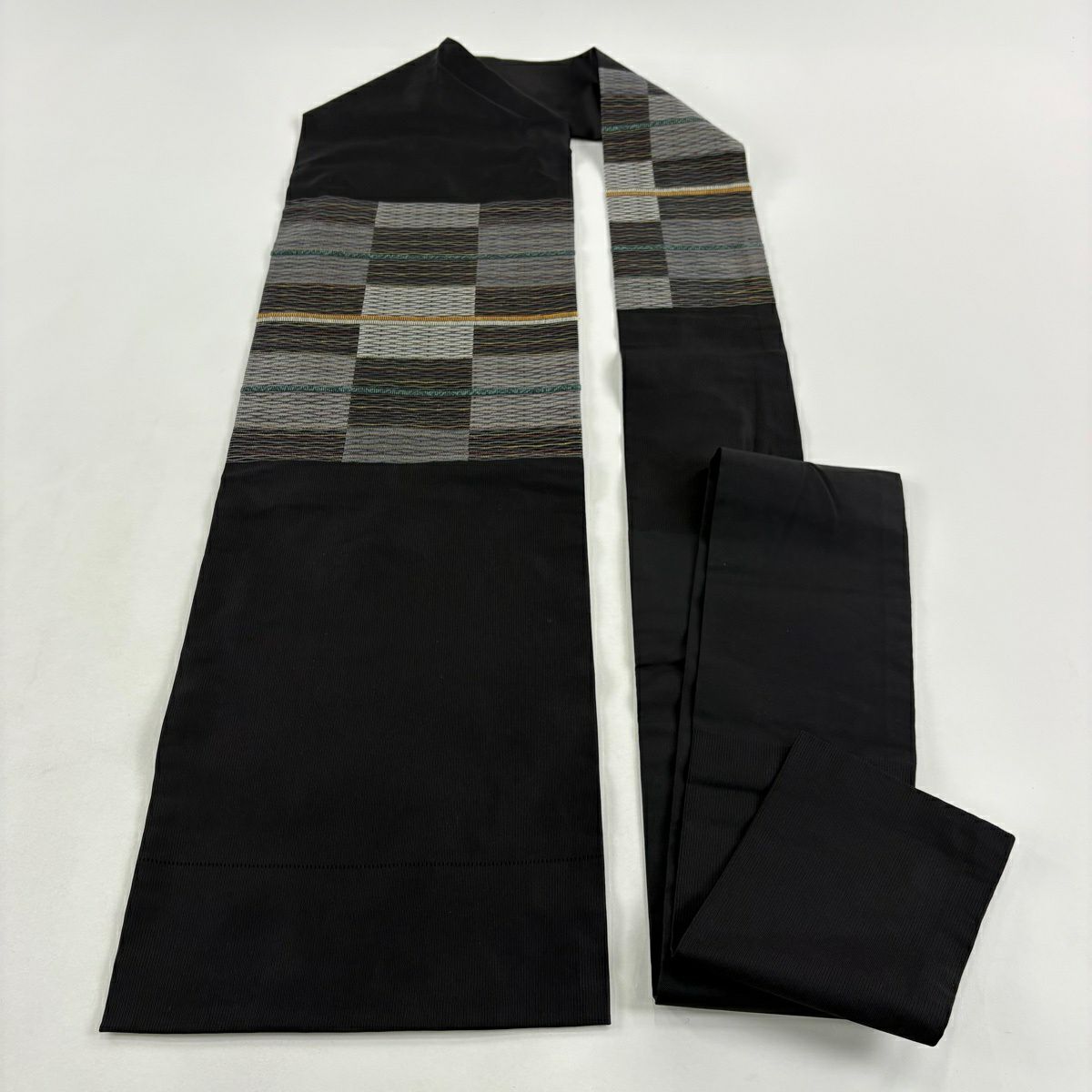 【美品】 名古屋帶 秀品級 落款 縞 幾何圖案 金金箔 黑 純蠶絲