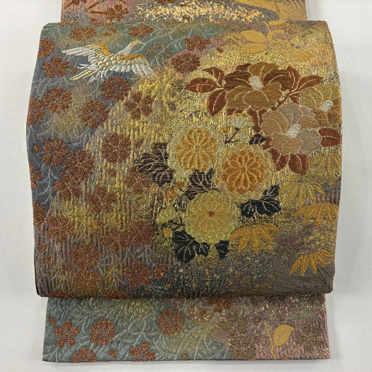 【美品】 袋帶 秀品級 花鳥 椿 金糸 金金箔 茶綠 六通 純蠶絲