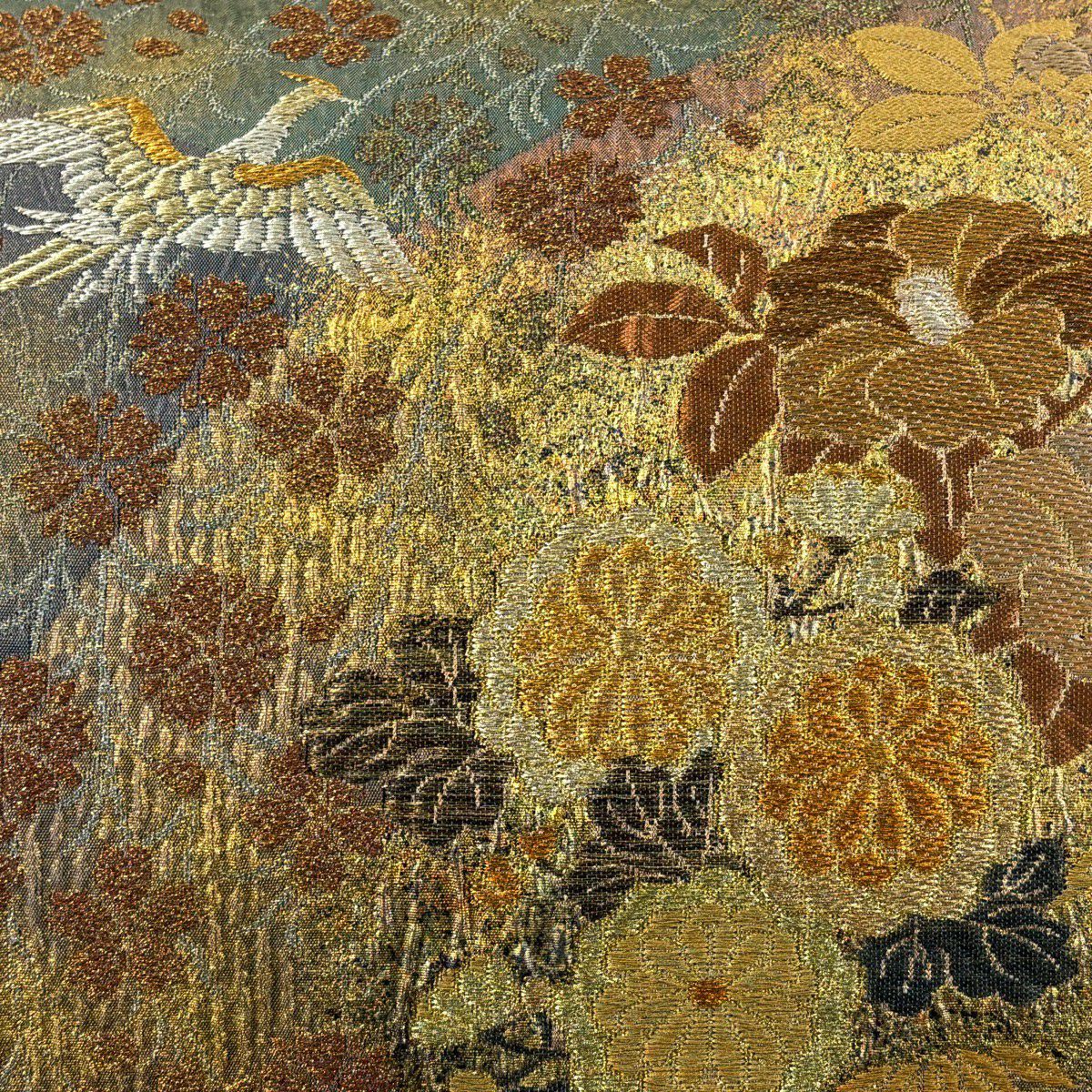 【美品】 袋帶 秀品級 花鳥 椿 金糸 金金箔 茶綠 六通 純蠶絲