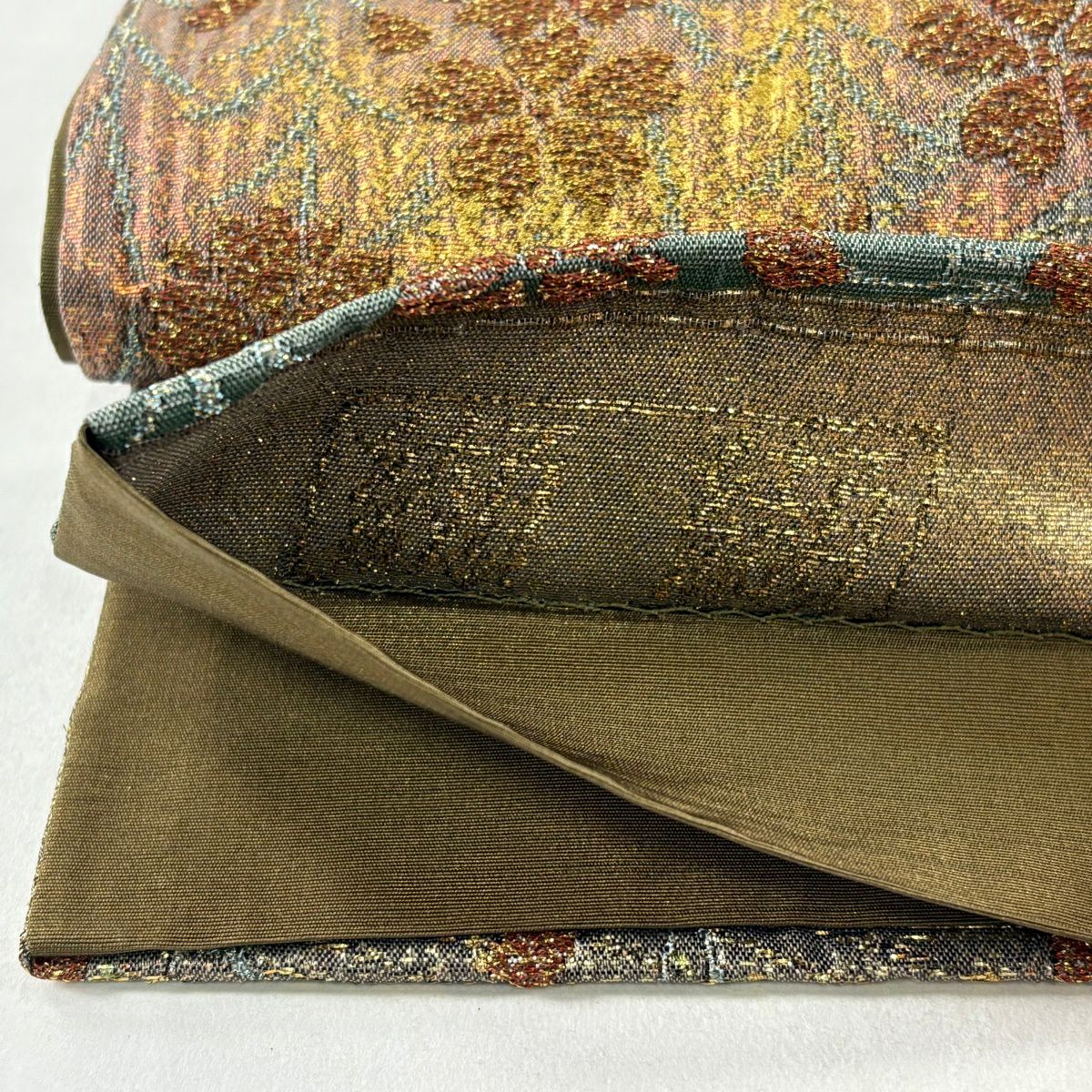 【美品】 袋帶 秀品級 花鳥 椿 金糸 金金箔 茶綠 六通 純蠶絲