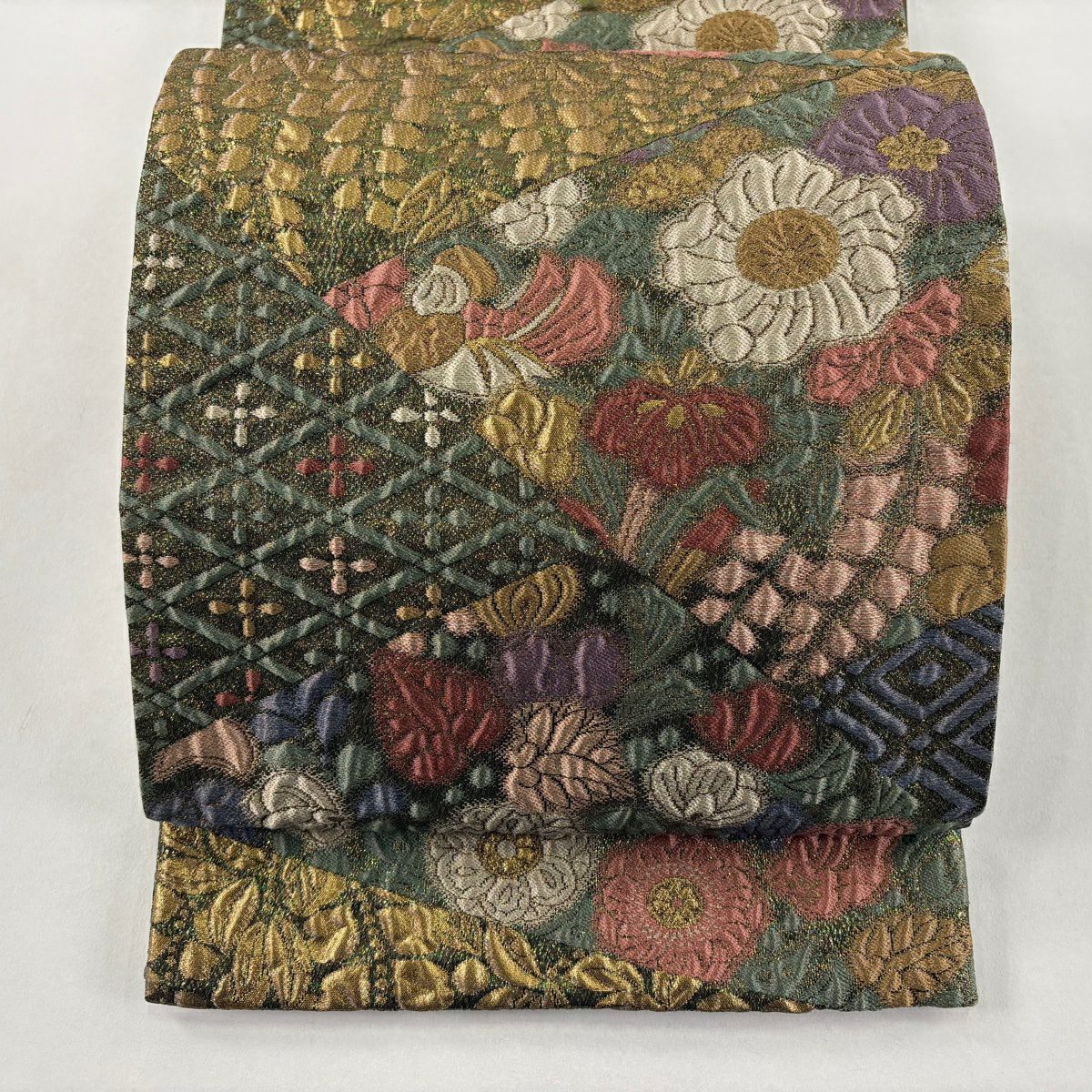 【美品】 袋帶 秀品級 裂取辻花 金糸 金金箔 茶綠 六通 純蠶絲