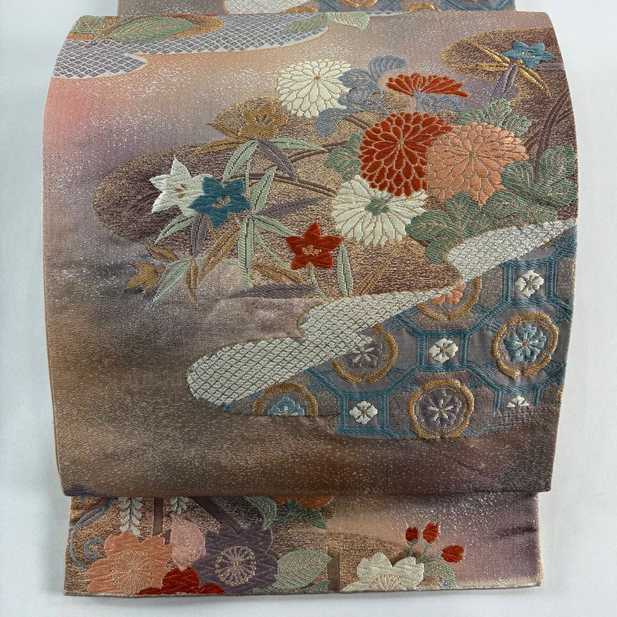 袋帶 秀品級 關西仕立 草花紋 霞 刺繡 金線 粉米色 六通 純蠶絲