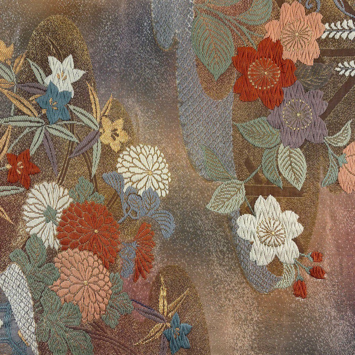 袋帶 秀品級 關西仕立 草花紋 霞 刺繡 金線 粉米色 六通 純蠶絲