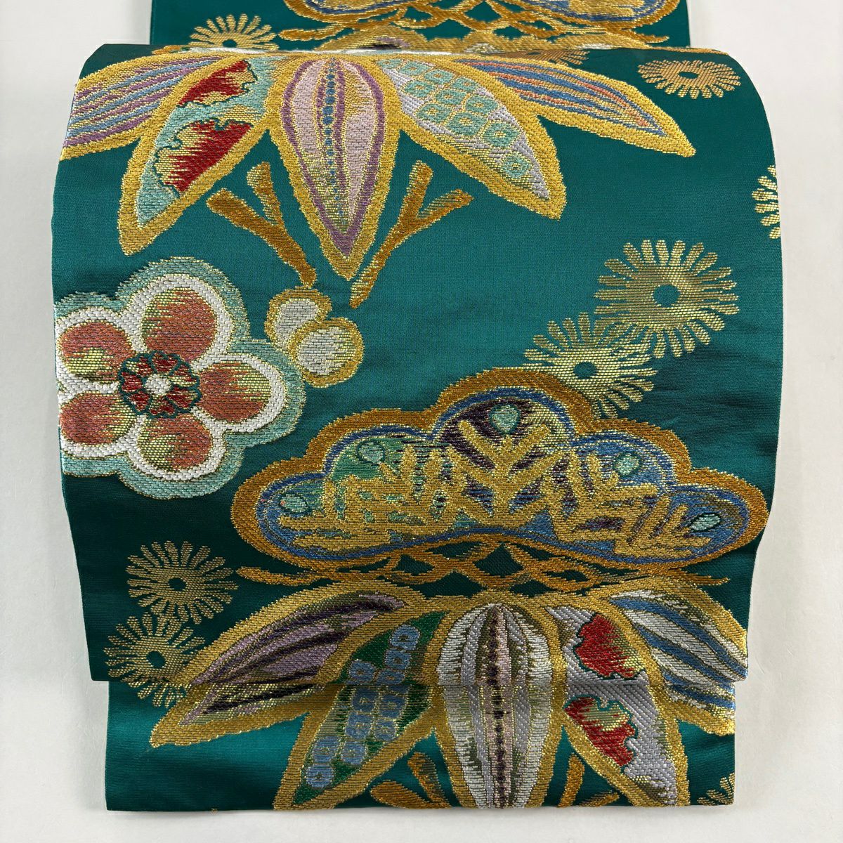 【美品】 袋帶 秀品級 松樹竹子梅花 金金箔 刺繡 綠 六通 純蠶絲
