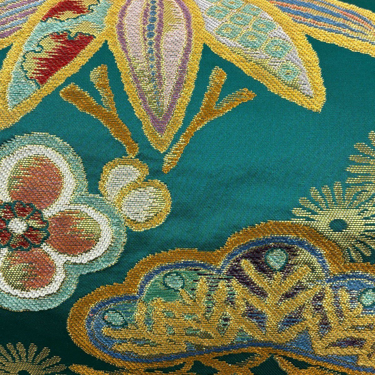 【美品】 袋帶 秀品級 松樹竹子梅花 金金箔 刺繡 綠 六通 純蠶絲
