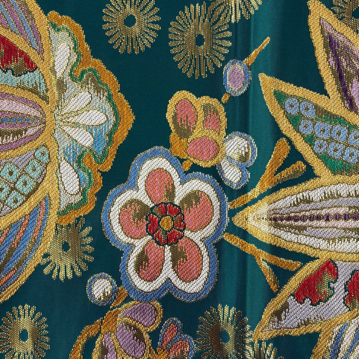 【美品】 袋帶 秀品級 松樹竹子梅花 金金箔 刺繡 綠 六通 純蠶絲