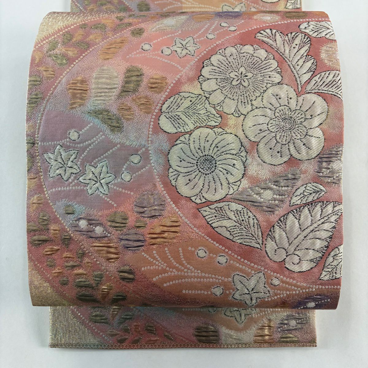【美品】 袋帶 秀品級 關西仕立 辻花染圖案 金金箔 粉紅色 大鼓圖案 純蠶絲