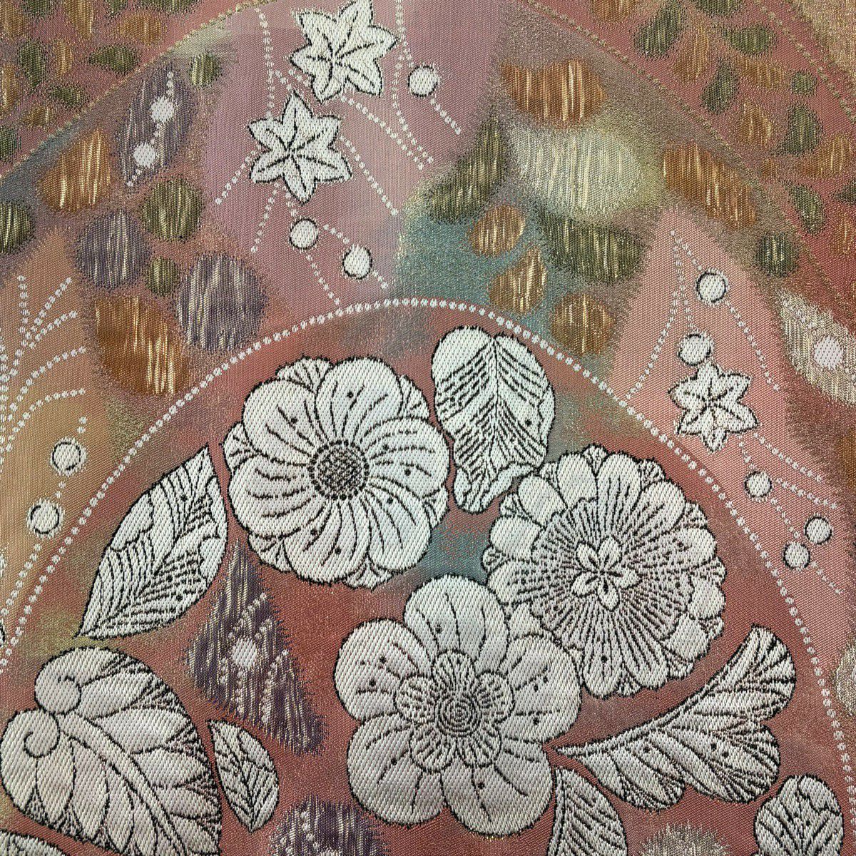 【美品】 袋帶 秀品級 關西仕立 辻花染圖案 金金箔 粉紅色 大鼓圖案 純蠶絲