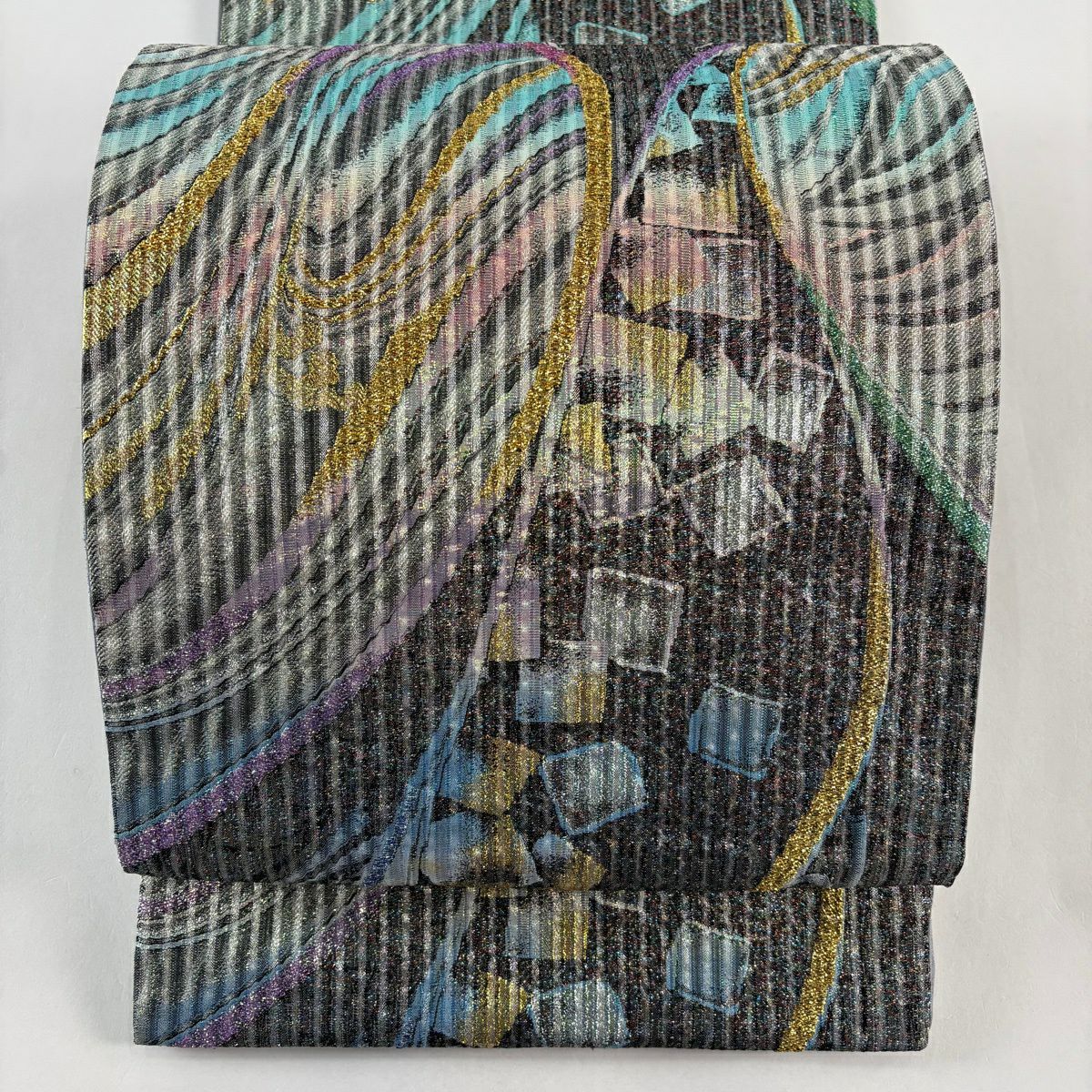 【美品】 袋帶 秀品級 幾何學 金金箔 拉麵金箔 墨 全通 純蠶絲