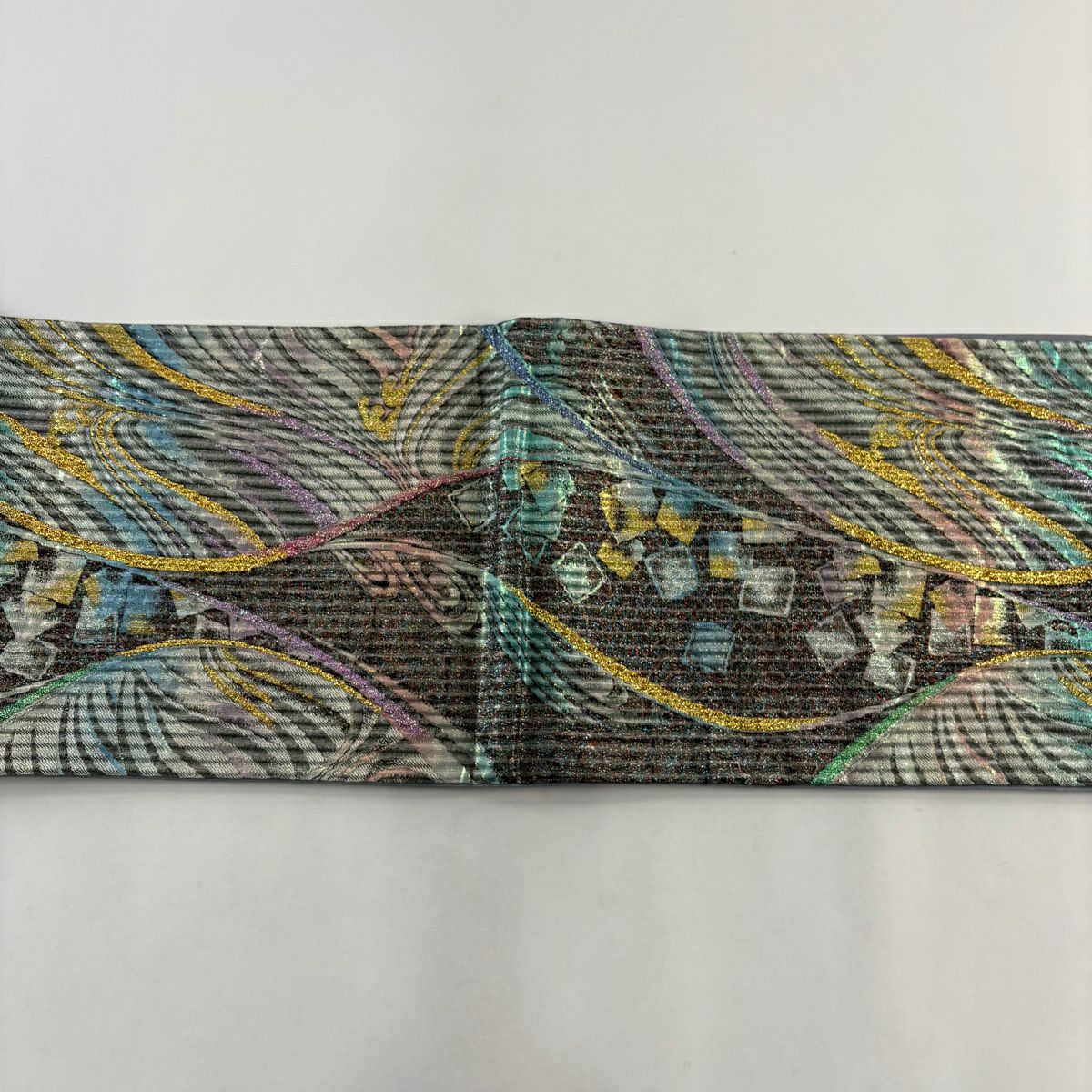 【美品】 袋帶 秀品級 幾何學 金金箔 拉麵金箔 墨 全通 純蠶絲