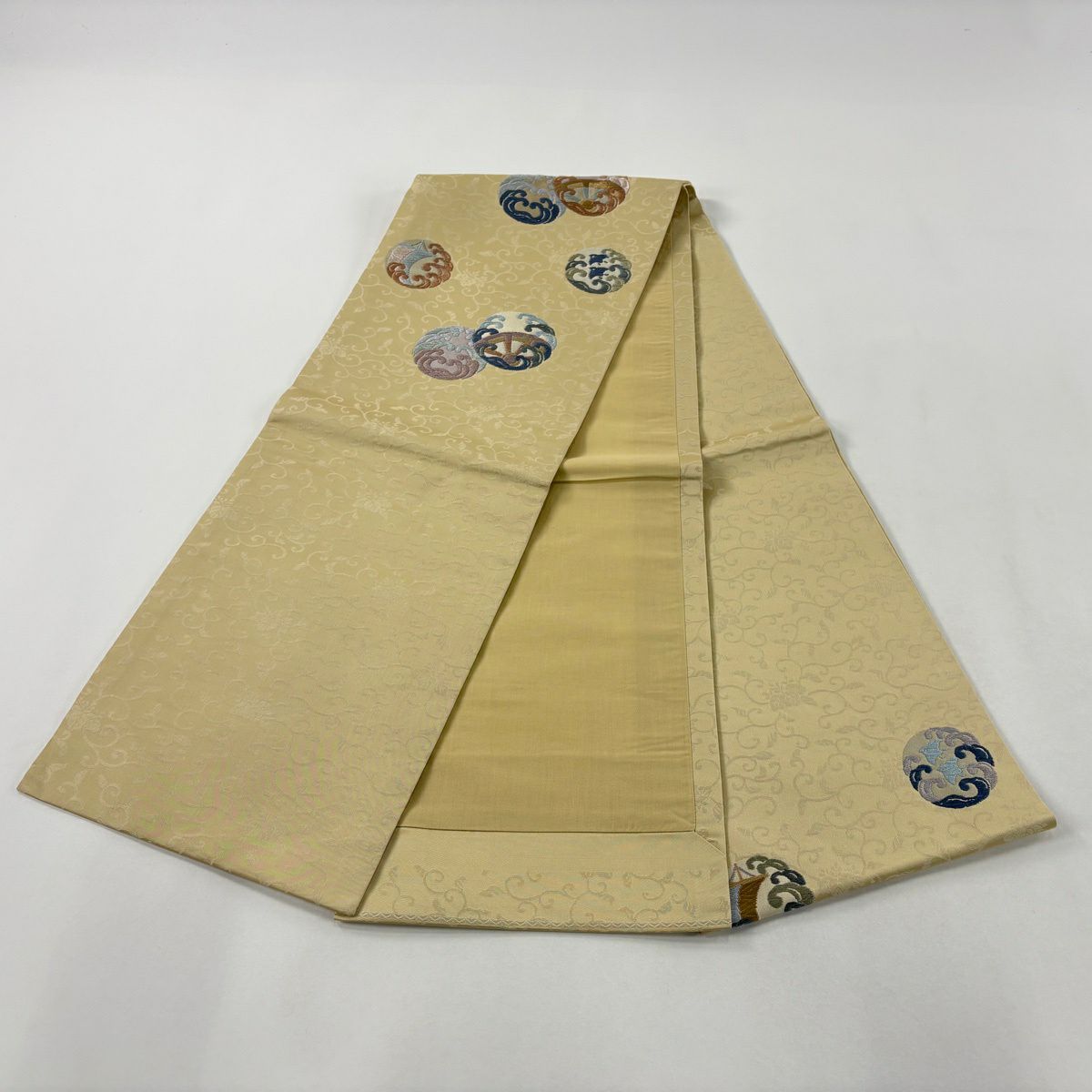 【美品】 開口名古屋帶 優品級 波頭 千鳥 唐織 米色 純蠶絲