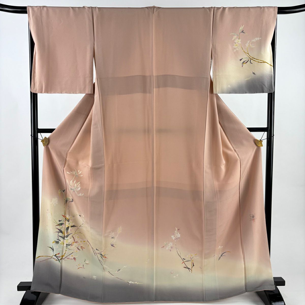 訪問服 身長166.5cm 袖長67.5cm L 雙層 百貫石峰 落款あり 草花紋紋 漸層 染分 粉紅 純蠶絲 名品級