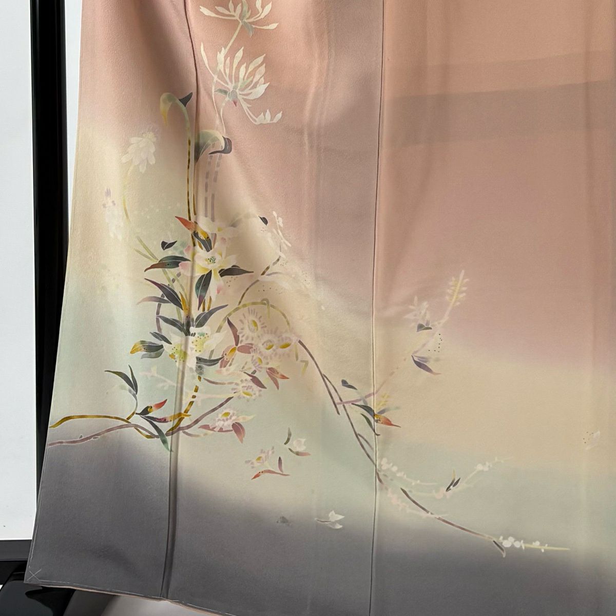 訪問服 身長166.5cm 袖長67.5cm L 雙層 百貫石峰 落款あり 草花紋紋 漸層 染分 粉紅 純蠶絲 名品級