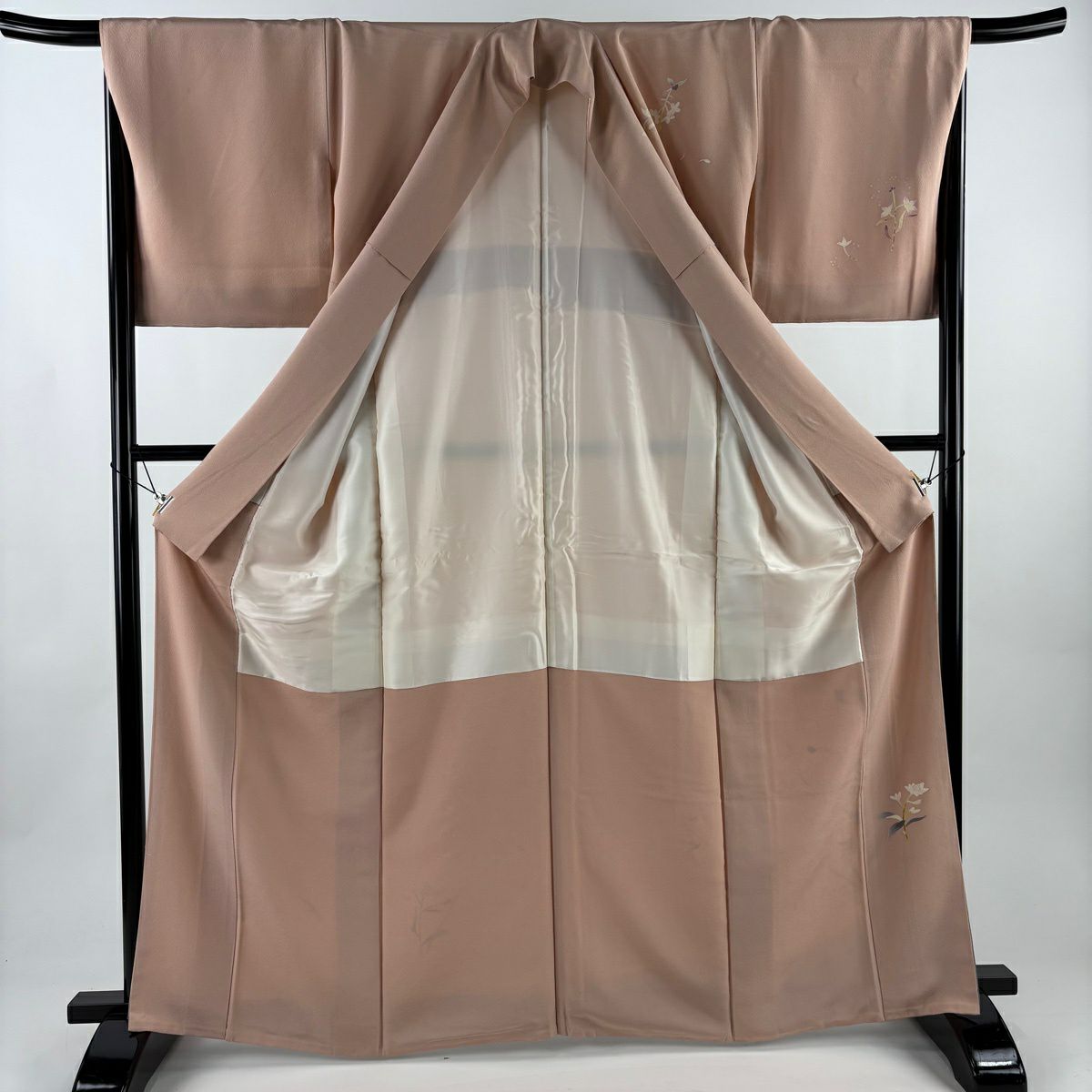 訪問服 身長166.5cm 袖長67.5cm L 雙層 百貫石峰 落款あり 草花紋紋 漸層 染分 粉紅 純蠶絲 名品級