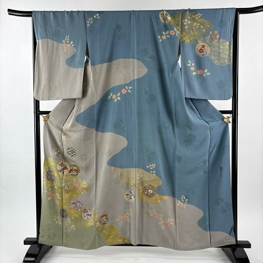 訪問服 身長160.5cm 袖長66.5cm M 雙層 松樹井青青 落款あり 草花紋紋 霞 絞染 金線 青灰色 純蠶絲 名品級 一つ紋