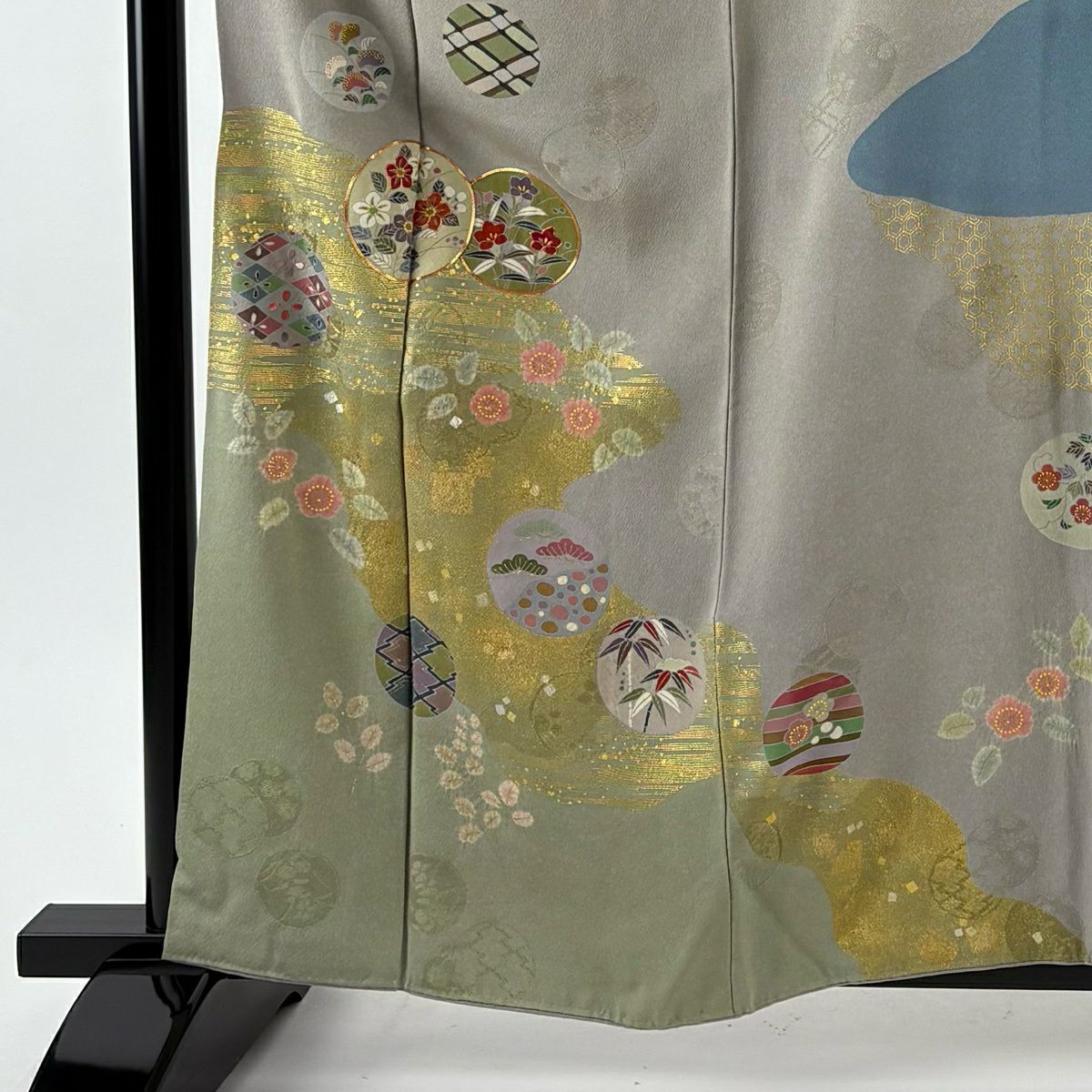 訪問服 身長160.5cm 袖長66.5cm M 雙層 松樹井青青 落款あり 草花紋紋 霞 絞染 金線 青灰色 純蠶絲 名品級 一つ紋