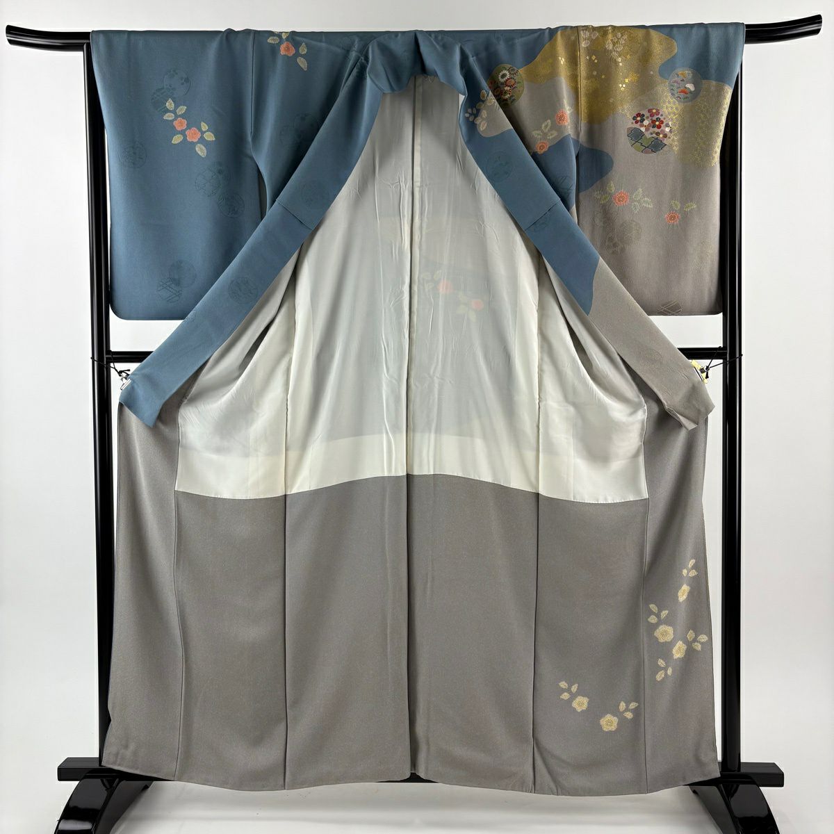 訪問服 身長160.5cm 袖長66.5cm M 雙層 松樹井青青 落款あり 草花紋紋 霞 絞染 金線 青灰色 純蠶絲 名品級 一つ紋