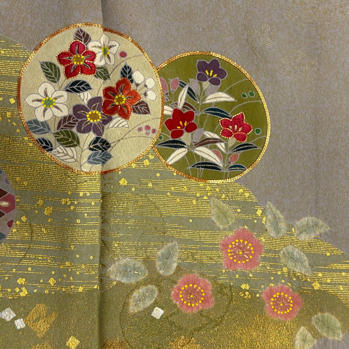 訪問服 身長160.5cm 袖長66.5cm M 雙層 松樹井青青 落款あり 草花紋紋 霞 絞染 金線 青灰色 純蠶絲 名品級 一つ紋