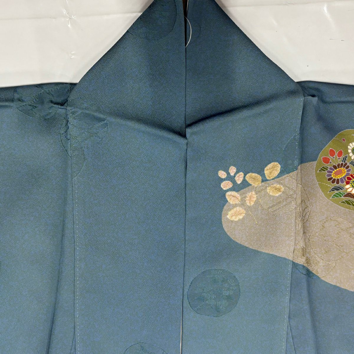 訪問服 身長160.5cm 袖長66.5cm M 雙層 松樹井青青 落款あり 草花紋紋 霞 絞染 金線 青灰色 純蠶絲 名品級 一つ紋