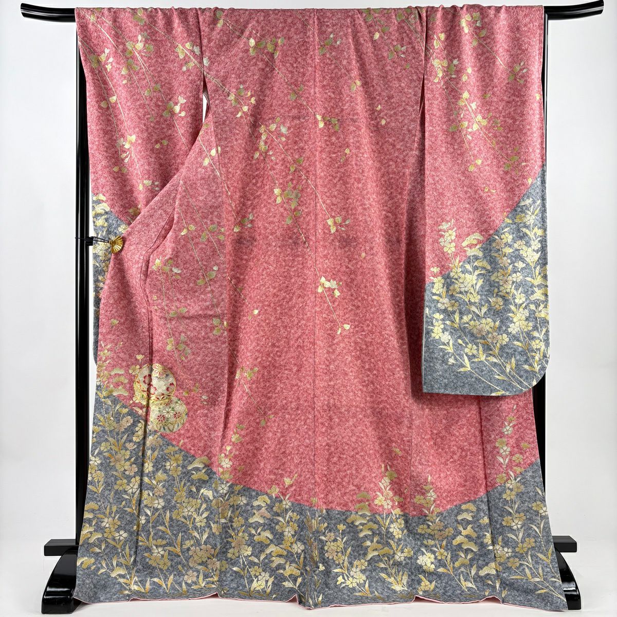 振袖禮服 身長173.5cm 袖長69.5cm L 雙層 手鞠 撫子 金銀彩 金絲 粉色 純蠶絲 名品級
