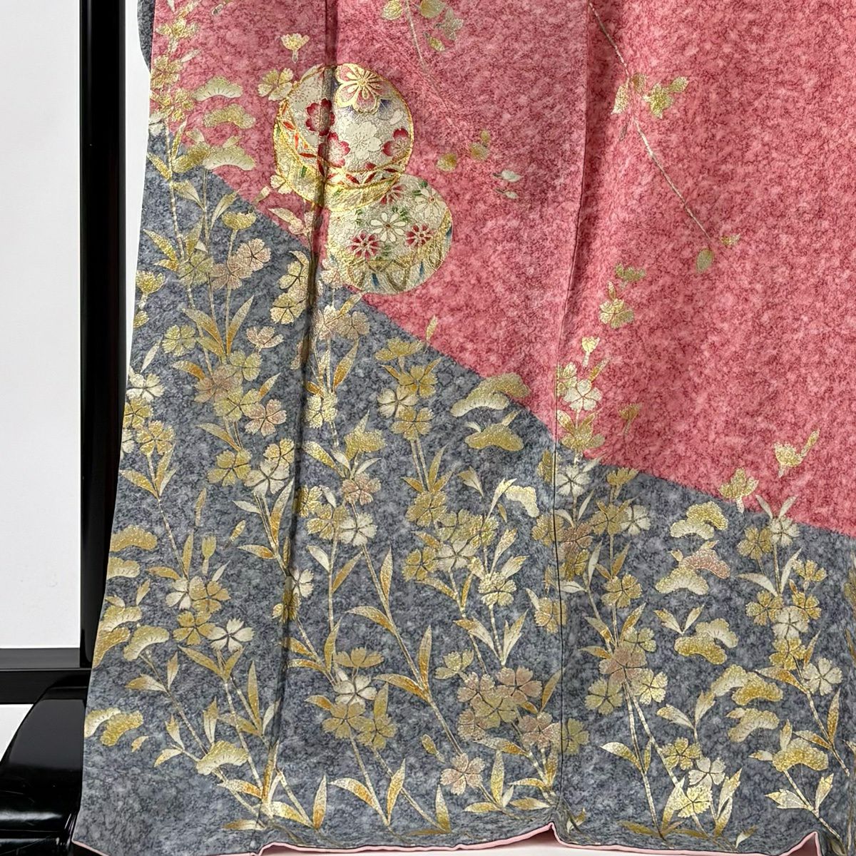 振袖禮服 身長173.5cm 袖長69.5cm L 雙層 手鞠 撫子 金銀彩 金絲 粉色 純蠶絲 名品級