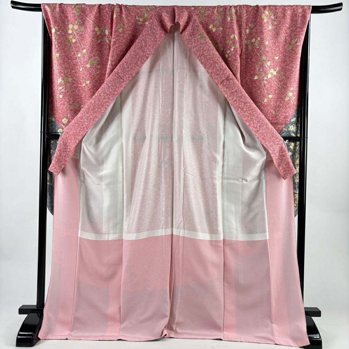 振袖禮服 身長173.5cm 袖長69.5cm L 雙層 手鞠 撫子 金銀彩 金絲 粉色 純蠶絲 名品級
