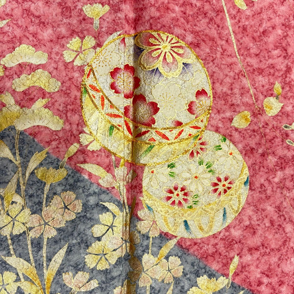 振袖禮服 身長173.5cm 袖長69.5cm L 雙層 手鞠 撫子 金銀彩 金絲 粉色 純蠶絲 名品級