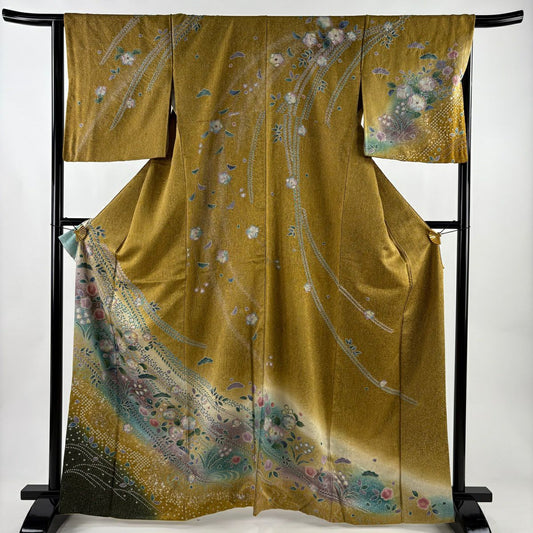 訪問服 身長165cm 袖長65.5cm M 雙層 辻花染 松樹 金銀彩 漸層 山吹茶 純蠶絲 名品級