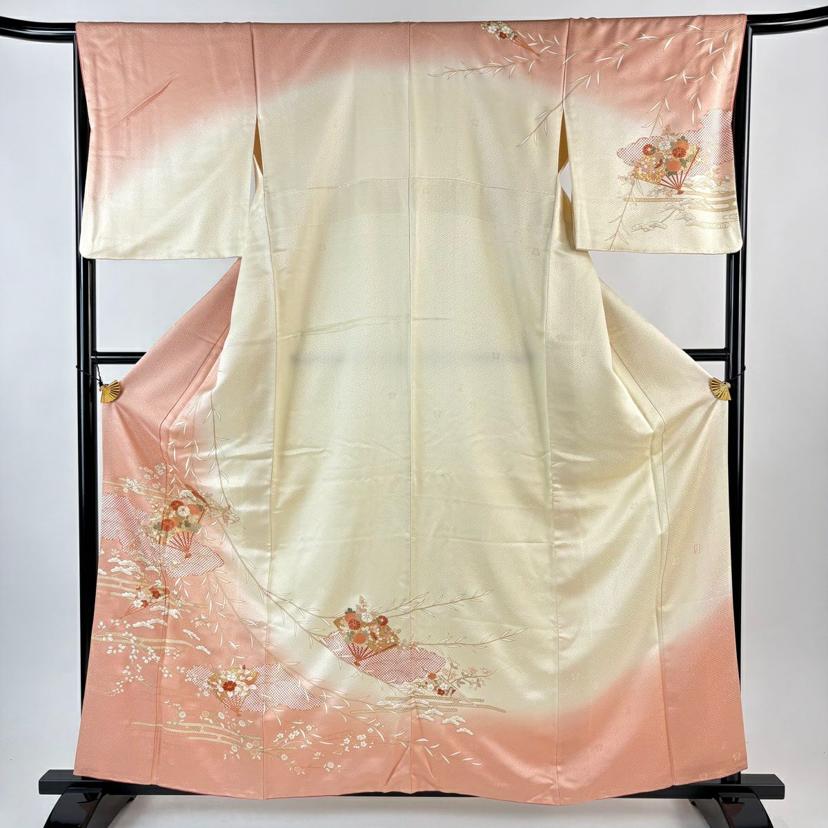 訪問服 身長160.5cm 袖長65.5cm M 雙層 吾妻德穗 落款あり 扇子 草花紋 金絲 金銀彩 淺橙色 純蠶絲 名品級