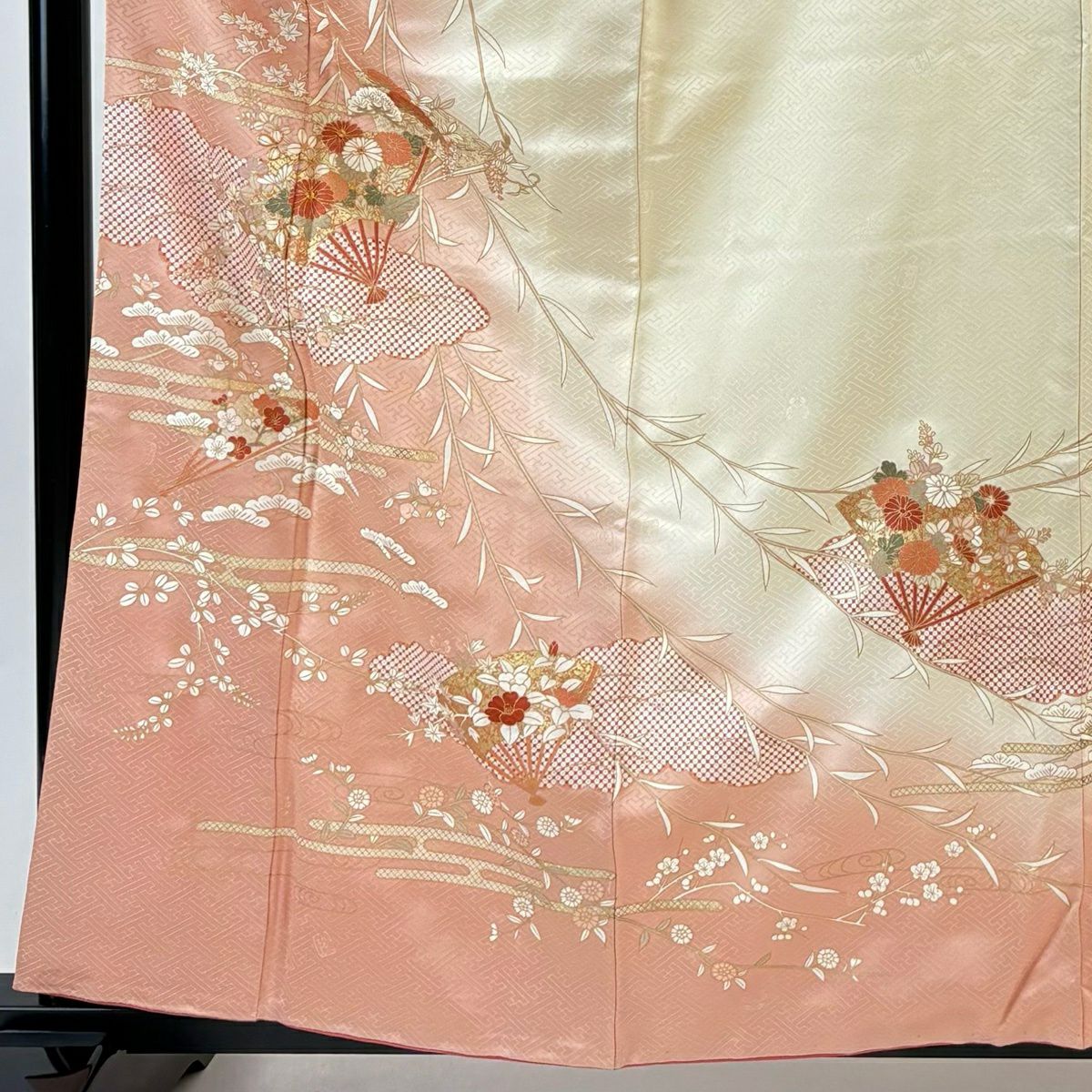 訪問服 身長160.5cm 袖長65.5cm M 雙層 吾妻德穗 落款あり 扇子 草花紋 金絲 金銀彩 淺橙色 純蠶絲 名品級