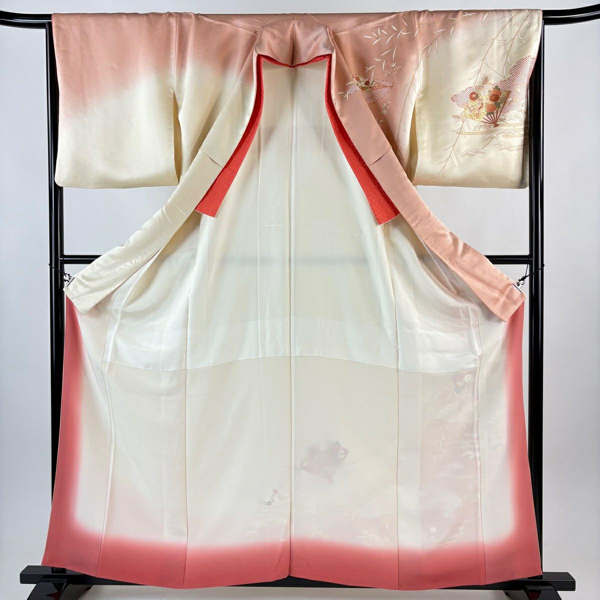 訪問服 身長160.5cm 袖長65.5cm M 雙層 吾妻德穗 落款あり 扇子 草花紋 金絲 金銀彩 淺橙色 純蠶絲 名品級