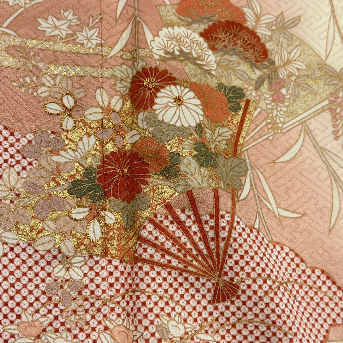 訪問服 身長160.5cm 袖長65.5cm M 雙層 吾妻德穗 落款あり 扇子 草花紋 金絲 金銀彩 淺橙色 純蠶絲 名品級