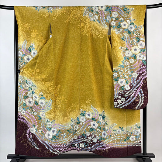 振袖禮服 身長158cm 袖長66.5cm M 雙層 辻花染 花唐草紋 金銀彩 染分 山吹 純蠶絲 名品級