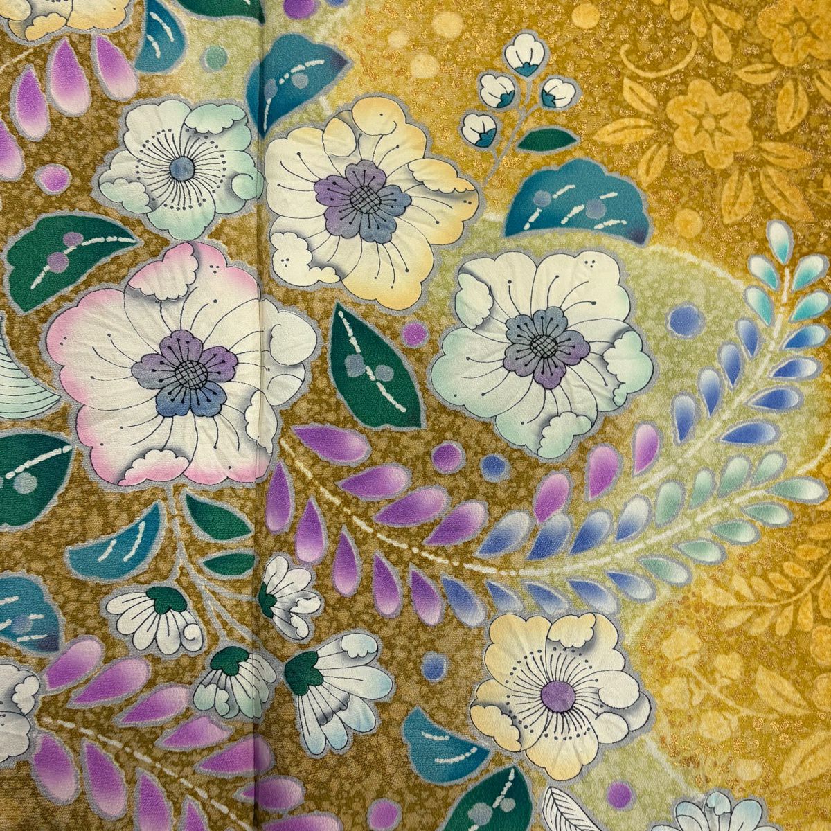 振袖禮服 身長158cm 袖長66.5cm M 雙層 辻花染 花唐草紋 金銀彩 染分 山吹 純蠶絲 名品級