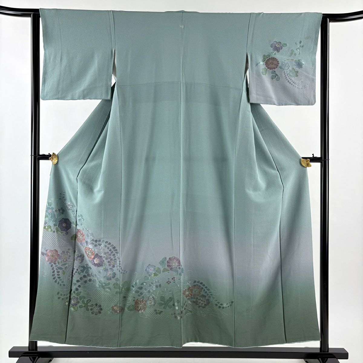 付下 身長154cm 袖長62cm S 雙層 草花紋 紋樣刺繡 漸層 灰綠 純蠶絲 優品級 一個紋