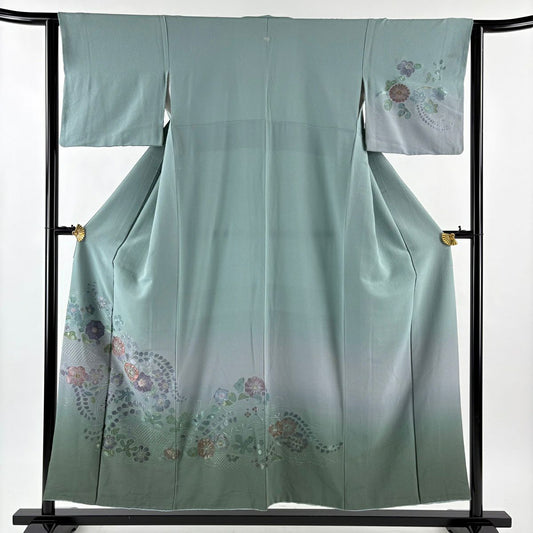 付下 身長154cm 袖長62cm S 雙層 草花紋 紋樣刺繡 漸層 灰綠 純蠶絲 優品級 一個紋