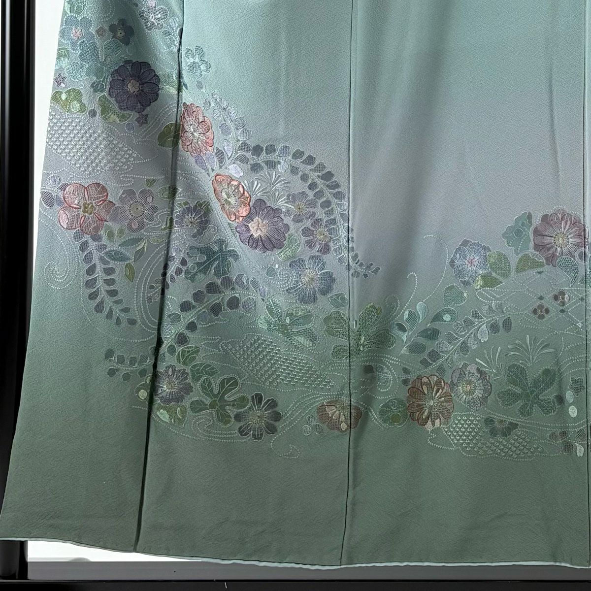 付下 身長154cm 袖長62cm S 雙層 草花紋 紋樣刺繡 漸層 灰綠 純蠶絲 優品級 一個紋
