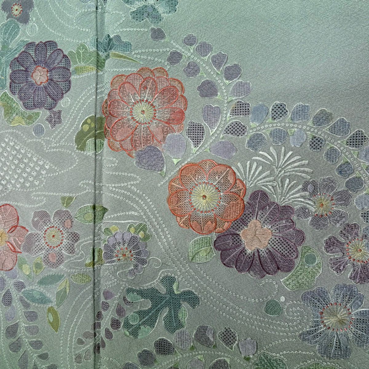 付下 身長154cm 袖長62cm S 雙層 草花紋 紋樣刺繡 漸層 灰綠 純蠶絲 優品級 一個紋