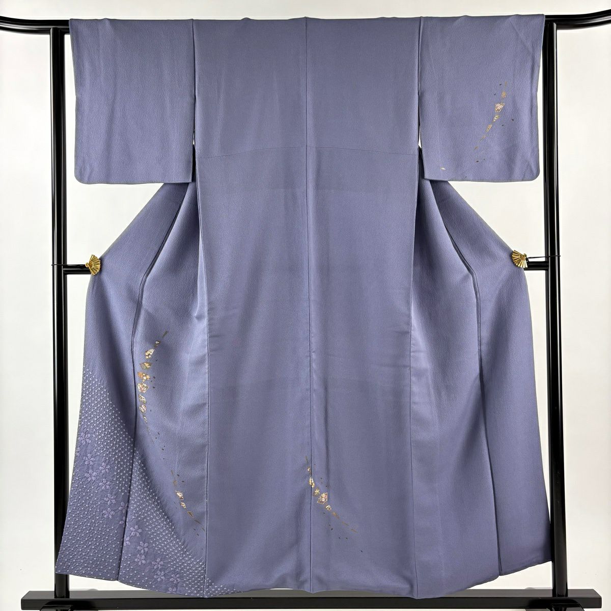 付下 身長154cm 袖長62.5cm S 雙層 大和 扇子面 草花紋 金糸 刺繡＋ 青紫 純蠶絲 秀品級