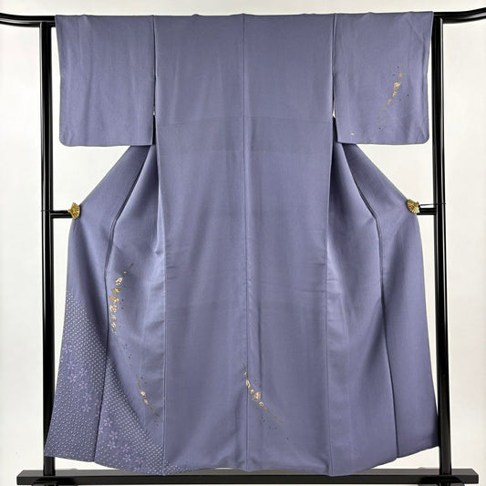 付下 身長154cm 袖長62.5cm S 雙層 大和 扇子面 草花紋 金糸 刺繡＋ 青紫 純蠶絲 秀品級