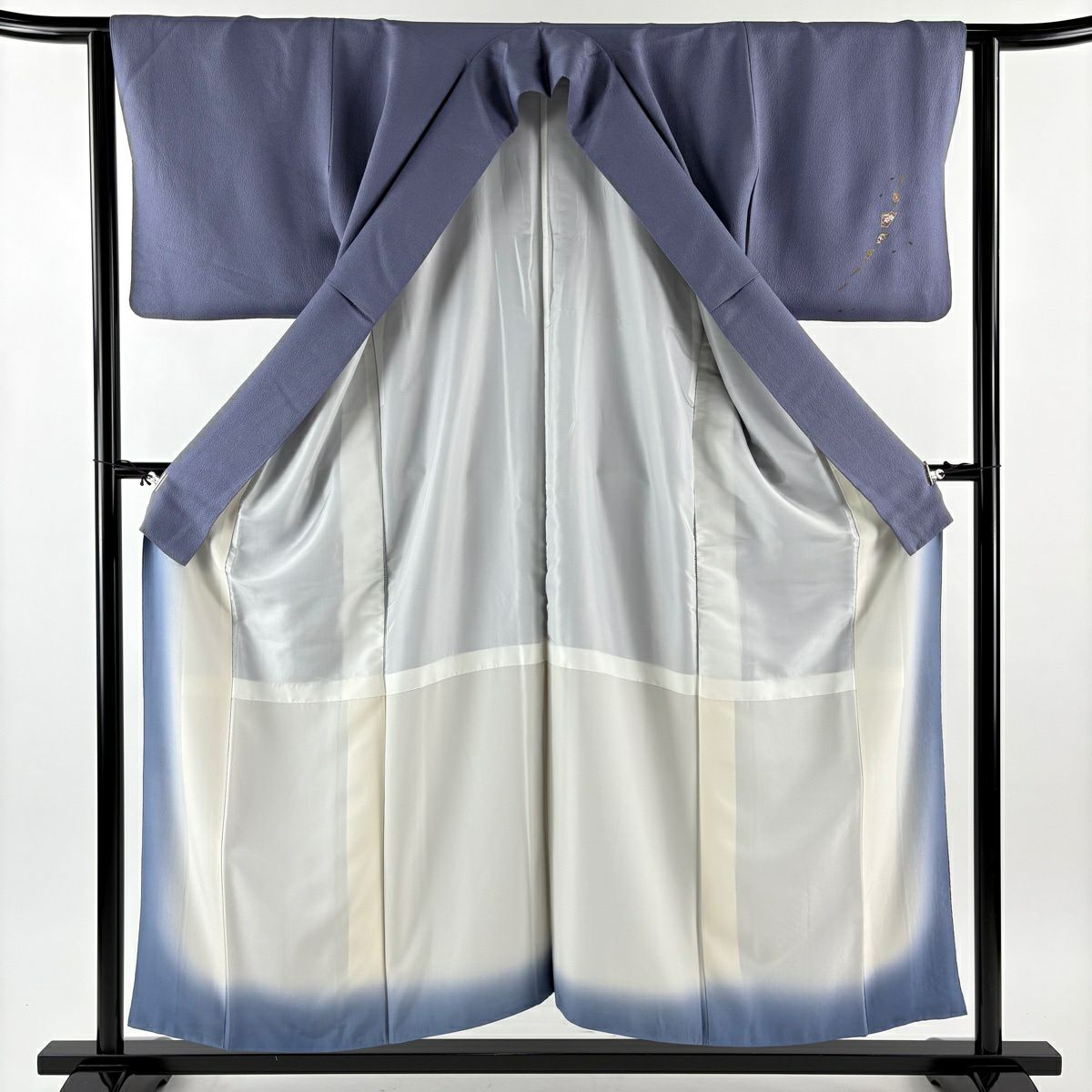 付下 身長154cm 袖長62.5cm S 雙層 大和 扇子面 草花紋 金糸 刺繡＋ 青紫 純蠶絲 秀品級