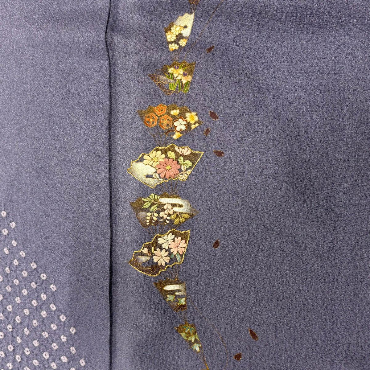 付下 身長154cm 袖長62.5cm S 雙層 大和 扇子面 草花紋 金糸 刺繡＋ 青紫 純蠶絲 秀品級