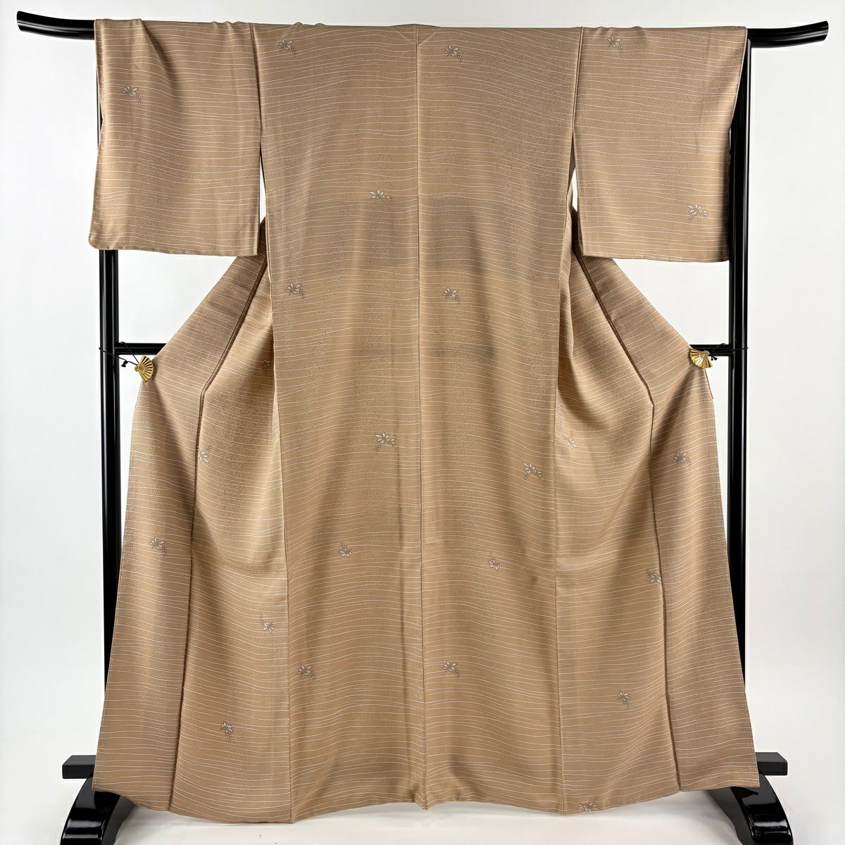【美品】 小紋 身長166cm 袖長67.5cm L 雙層 葉與果實 紋路 薄茶 純蠶絲 秀品級