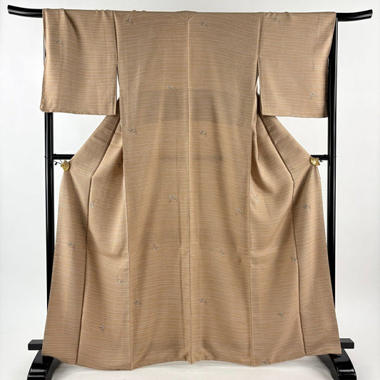 【美品】 小紋 身長166cm 袖長67.5cm L 雙層 葉與果實 紋路 薄茶 純蠶絲 秀品級